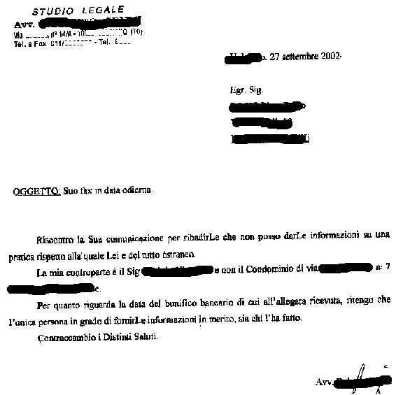 Il fax di risposta dell'avvocato